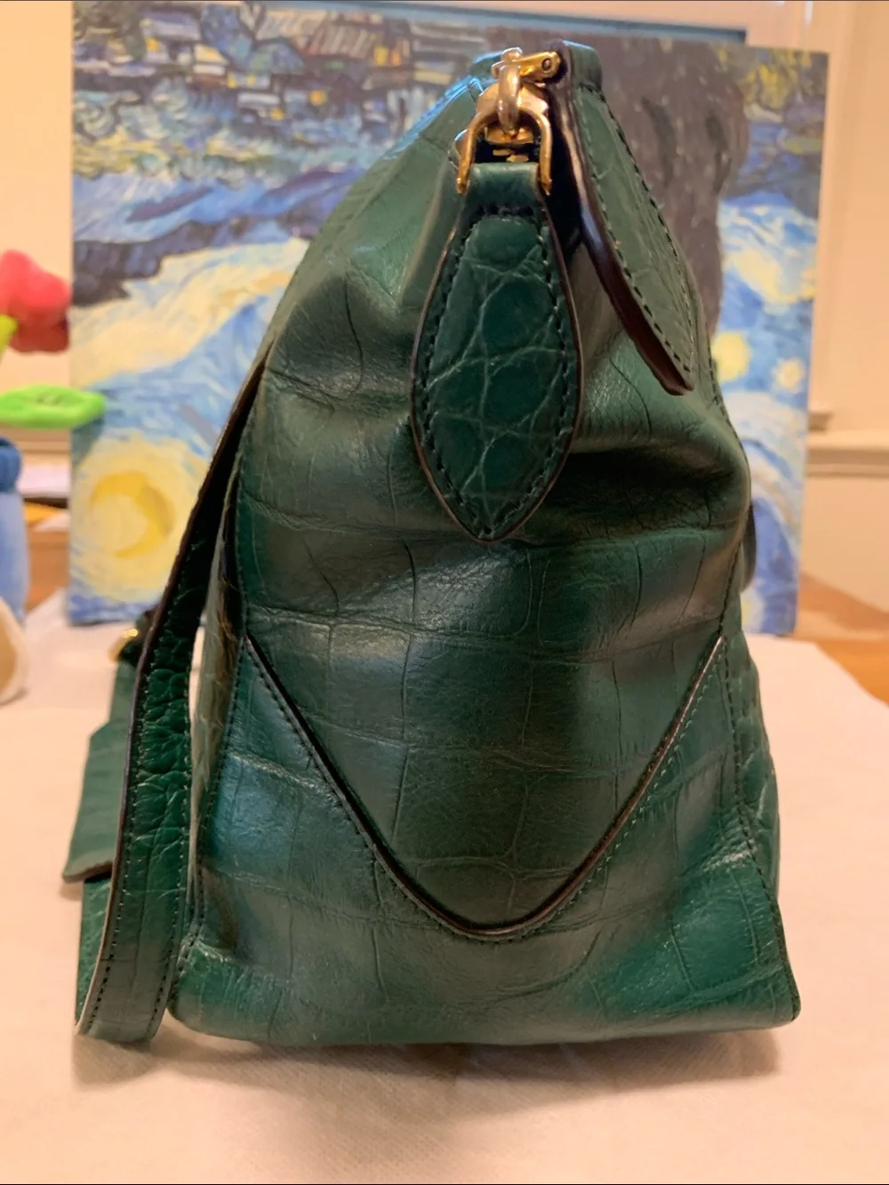 MCM Green Croc-Embossed Satchel with Gold Plaque with  Authenticity Card